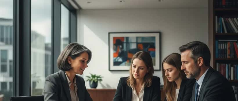 British solicitor reviewing documents with a family in a professional legal office setting
