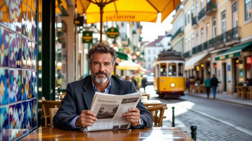 Detetive privado a fazer vigilância numa rua de Lisboa com câmara fotográfica