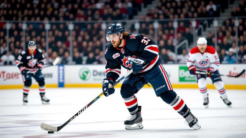 Ishockeyforward i mörk tröja för pucken under en SHL-match, arenaljus och publik i bakgrunden