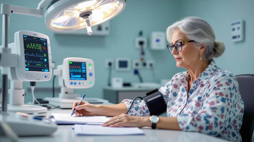 70-year-old woman having blood pressure checked by NHS health specialist in Birmingham GP surgery