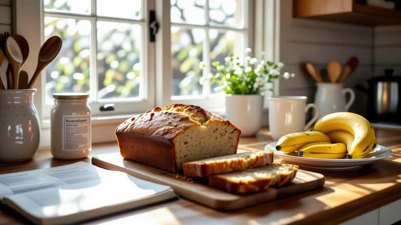 Sliced banana bread loaf on Australian kitchen counter with nutrition notes