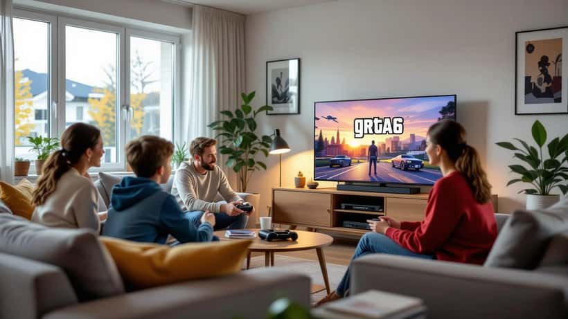 Norsk stue med konsoll og foreldre som diskuterer GTA 6 med tenåring