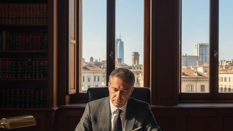 Avvocato penalista italiano esamina documenti legali in studio a Milano per processo di revisione 2026