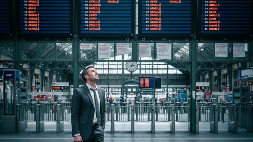 Voyageur frustré face aux panneaux de départs annulés en Gare de Lyon, Paris, avril 2026