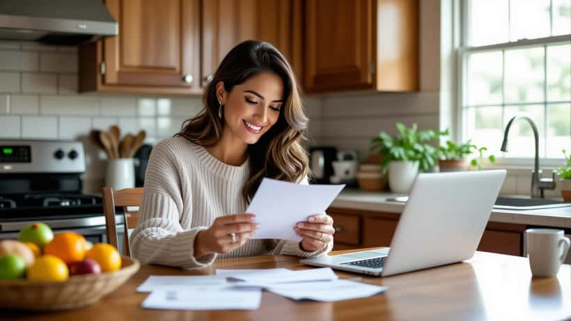 Mujer latina abre un cheque de reembolso del ACA de $500 enviado por el gobierno federal en 2026