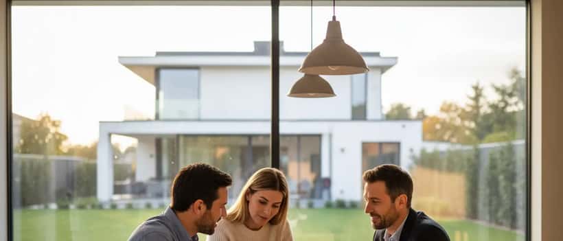 Couple reviewing mortgage documents with financial advisor at home
