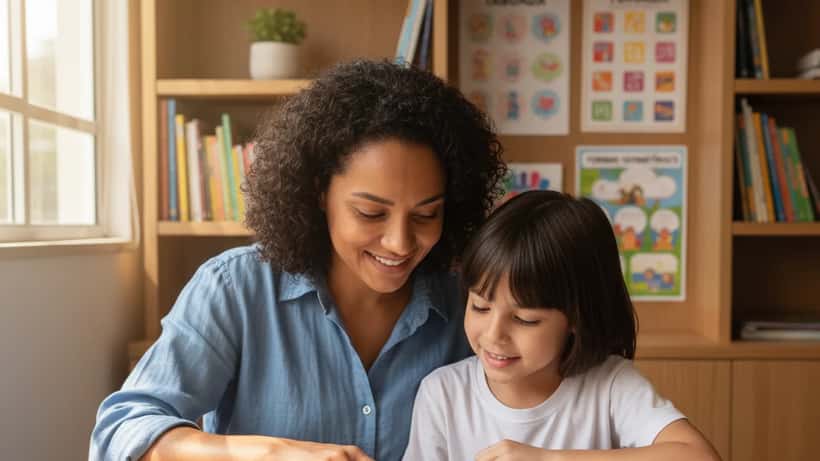 Professora particular ajuda criança a aprender a ler em uma sala de estudos em São Paulo