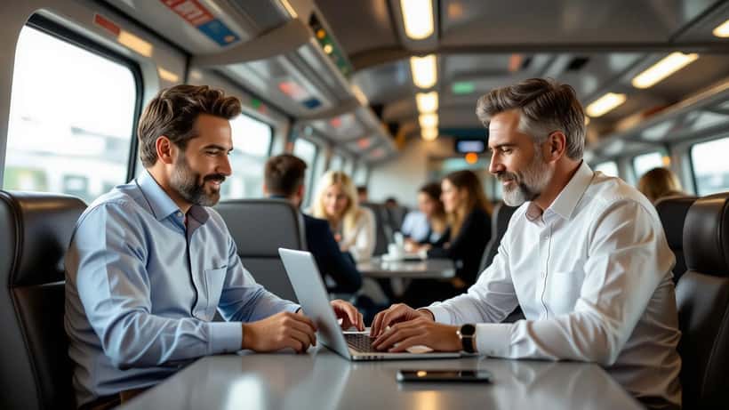 Professionista lavora al laptop su un treno Frecciarossa ad alta velocità collegato al Wi-Fi di bordo