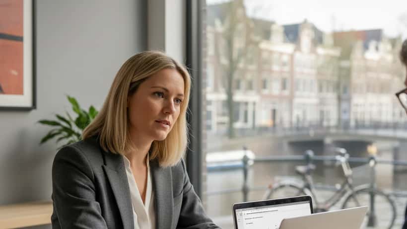 Nederlandse advocate die een cliënt adviseert over reputatieschade in een modern Amsterdams kantoor