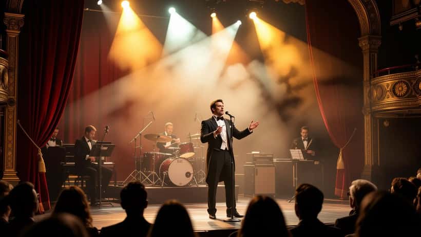 Performer on a West End cabaret stage in London, amber theatrical lighting, art deco theatre interior
