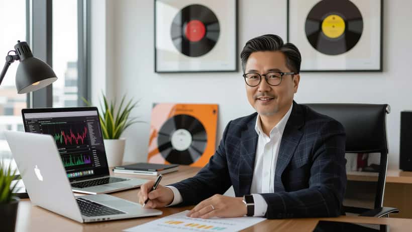Chinese-Canadian musician reviewing estate planning documents and royalty statements with a wealth advisor in a Toronto office
