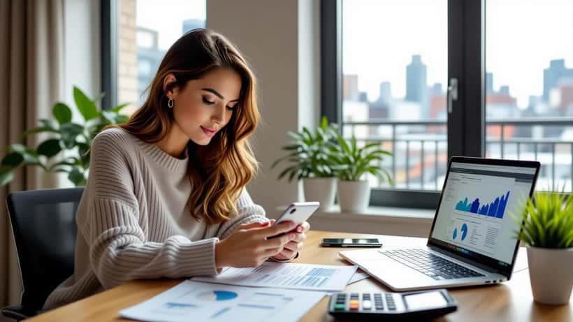 Young woman reviewing financial documents and laptop in modern Toronto apartment