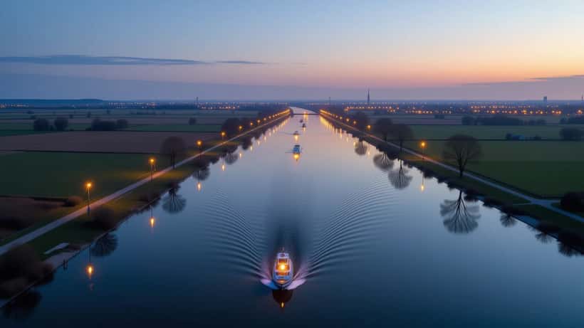 Marchfeldkanal bei Dämmerung mit Einsatzkräften am Ufer, symbolisch für Wassersicherheit und Trauer