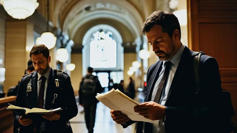 Avocat criminaliste dans un couloir de palais de justice au Québec, documents légaux, policiers en arrière-plan