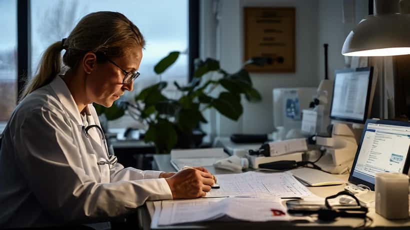 Íslenskur heimilislæknir skoðar heilsufarsupplýsingar á spjaldtölvu á heilsugæslustöð í Reykjavík