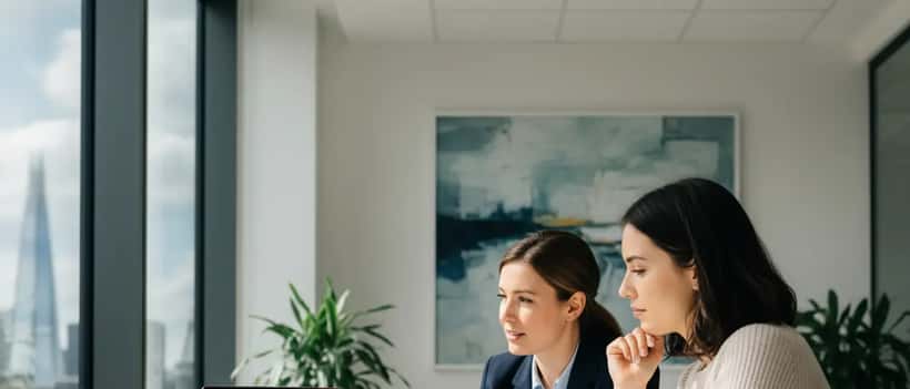 A female financial adviser reviewing investment charts with a young professional woman in a bright London office
