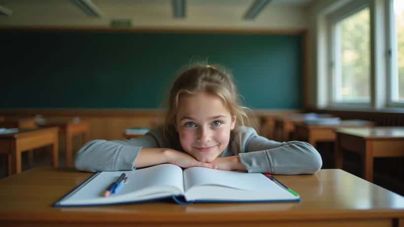 Schüler mit gesenktem Kopf auf Schulbüchern im deutschen Klassenzimmer