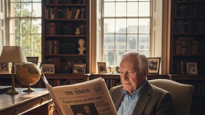 Elderly British man reading newspaper in a bright London study