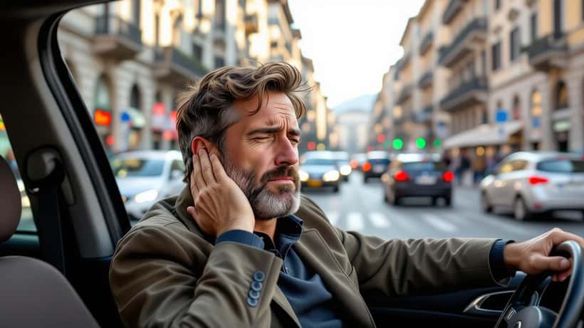 Uomo al volante con mano al collo dopo un tamponamento, espressione di dolore da colpo di frusta