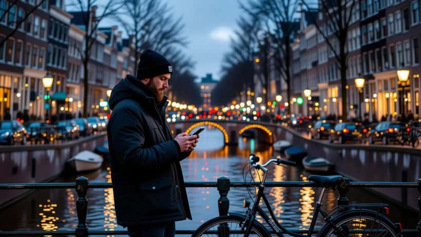 Fietser langs de grachten van Amsterdam op een zonnige dag