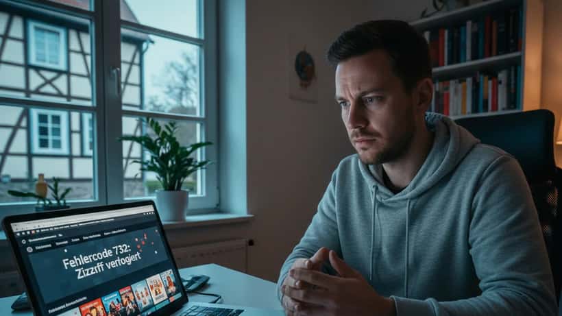 Mann am Laptop mit Streaming-Interface und rechtlichem Schreiben auf dem Schreibtisch