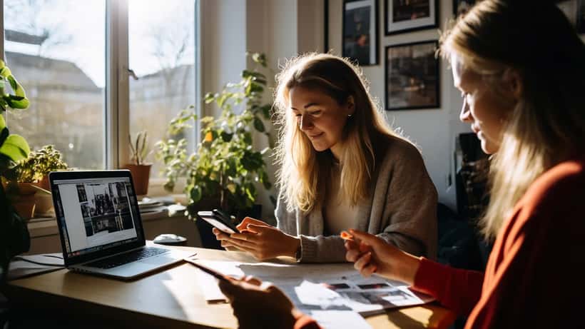 Norsk influenser filmer sponset innhold på smarttelefon med ringlys, skattepapirer og kontrakt synlig på skrivebordet