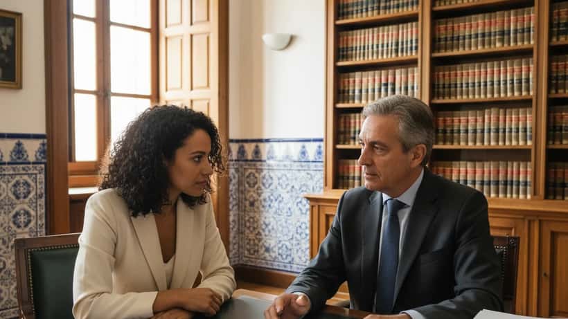 Mulher consulta advogado sobre lei da nacionalidade portuguesa com passaportes e documentos em Lisboa