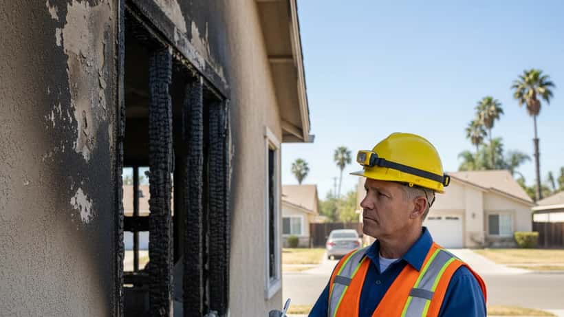 Home inspector examining fire damage on a residential building in San Marcos California