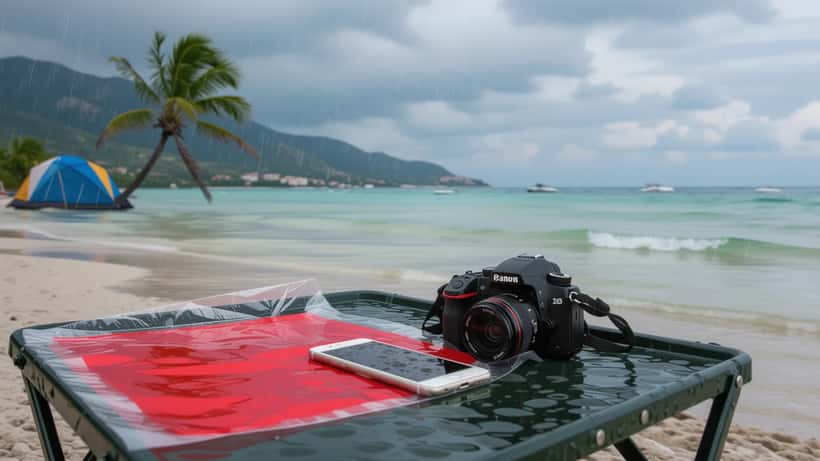 Vom Sturm durchnässtes Smartphone und Kamera in einer Plastiktüte auf einem Campingtisch an der überfluteten Adriaküste