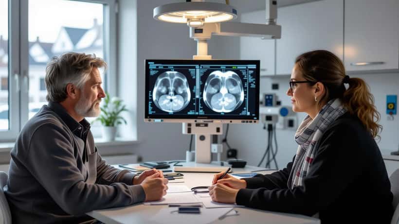 Onkolog og patient gennemgår CT-scanningsbilleder i kræftambulatorium på dansk hospital