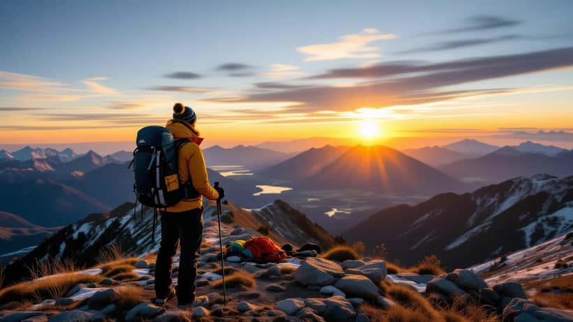 Adventurer on a mountain ridge at sunrise preparing for an expedition