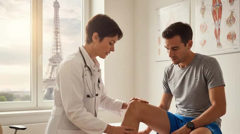 Médecin du sport examinant le genou d'un coureur en préparation du Marathon de Paris 2026