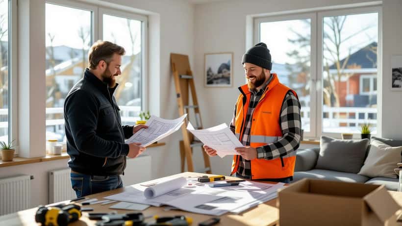 Husägare granskar renoveringsritningar med byggkonsult i modernt skandinaviskt hem