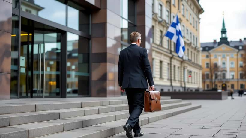 Puvun pukeutunut liikemies nousee ministeriörakennuksen portaita asiakirjakansio kädessään Helsingissä
