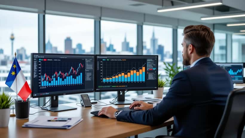 Australian financial adviser reviewing France and Italy GDP comparison charts on office monitors in Sydney