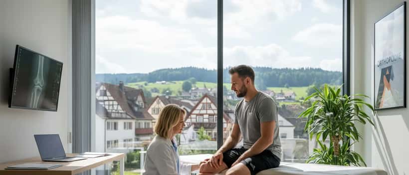 Sportmediziner untersucht Knie eines männlichen Patienten in einer Klinik