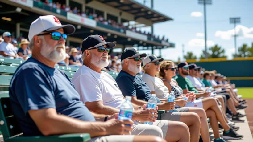 Aficionados al béisbol en las gradas soleadas de un estadio en julio, con riesgo de golpe de calor