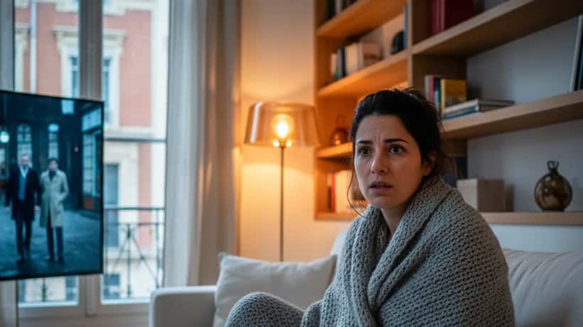 Femme regardant une série policière le soir, lumière de l'écran, visage tendu, salon cosy à Lyon