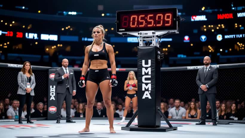 Lutadora de MMA em pesagem oficial de evento profissional com árbitros esportivos ao fundo