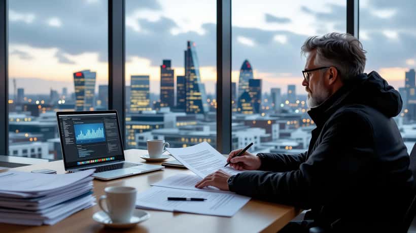 British filmmaker reviewing streaming rights contract documents in a London production office