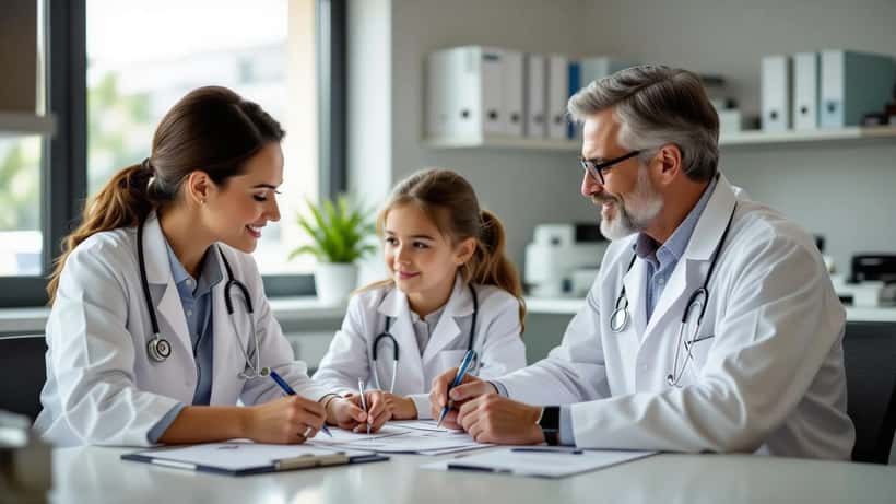 Médecin présentant un formulaire de consentement éclairé à des parents dans un service pédiatrique universitaire