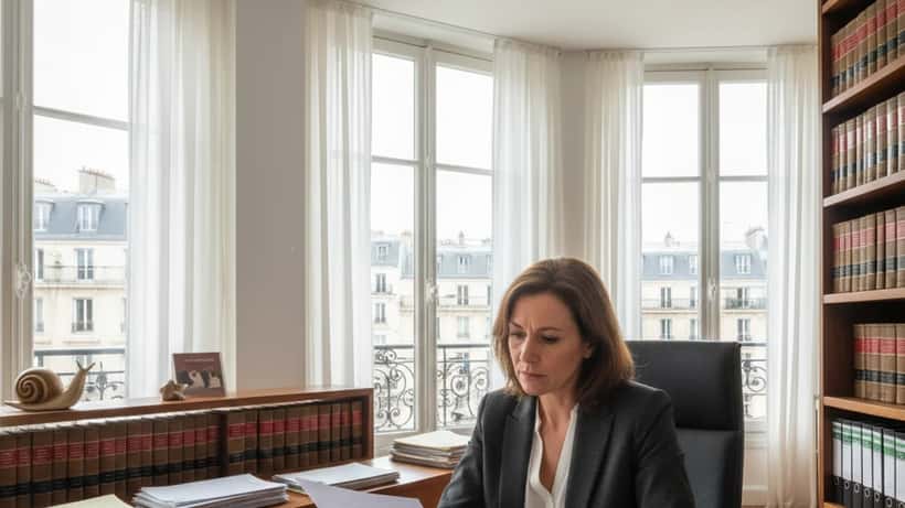 Avocate parisienne révisant un contrat de transport dans un bureau haussmannien avec vue sur les toits de Paris