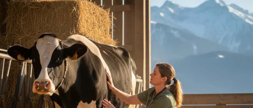 Österreichische Tierärztin in grünen Scrubs untersucht eine Kuh in einem Alpenstall bei Maria Alm in Salzburg
