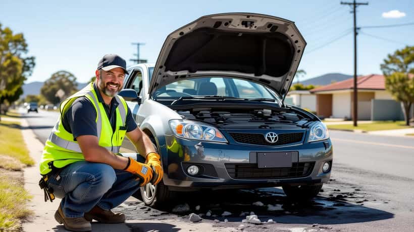 Mechanic inspecting an overheated car engine on a scorching Australian summer day