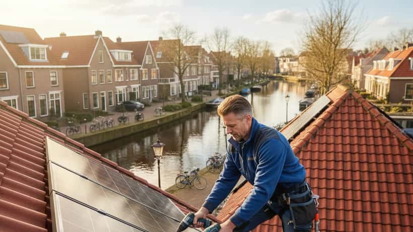 Vakman installeert zonnepanelen op een rood pannendak in een Nederlandse woonwijk
