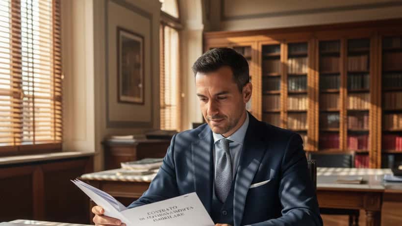 Avvocato immobiliare italiano esamina contratto di compravendita appartamento in studio notarile milanese