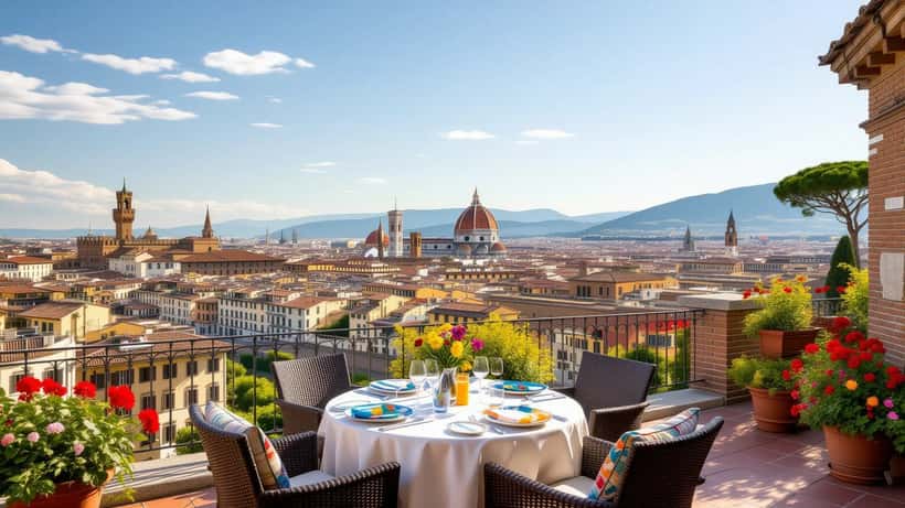 Coppia di viaggiatori consulta una mappa su una terrazza soleggiata con panorama di Roma