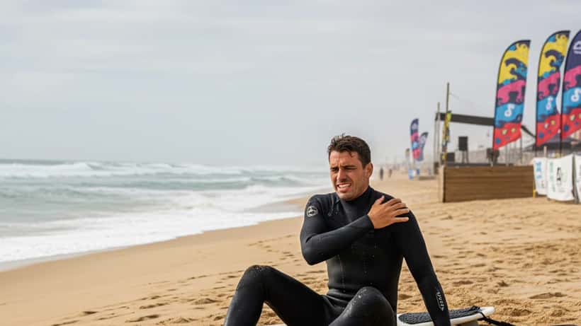 Surfista português sentado na areia de Costa de Caparica segurando o ombro após uma queda, com ondas do Atlântico ao fundo