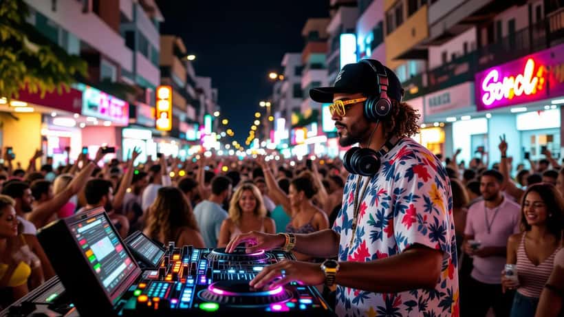 DJ Marlboro em apresentação de funk carioca com multidão e luzes coloridas