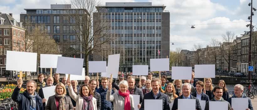 Vreedzame demonstranten op een stadsplein in Amsterdam tijdens een protest, met spandoeken en zonnig voorjaarslicht